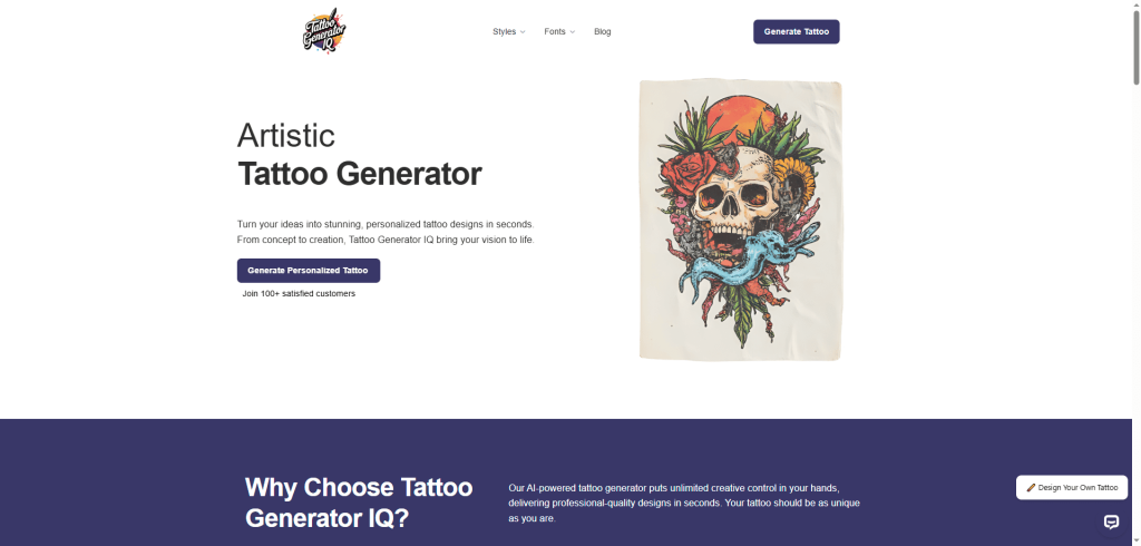 AI-generated tattoo design featuring a skull surrounded by roses, tropical leaves, and a blue octopus tentacle