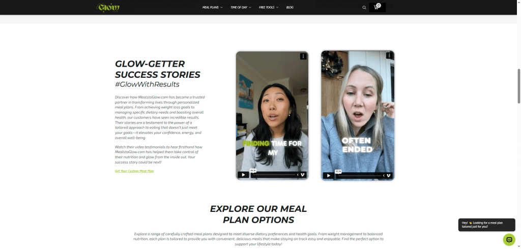 MealstoGlow.com homepage featuring Glow-Getter Success Stories section with two customer video testimonials