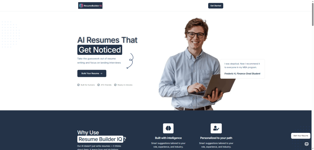 ResumeBuilder IQ homepage featuring a smiling young man with glasses holding a laptop and a student testimonial