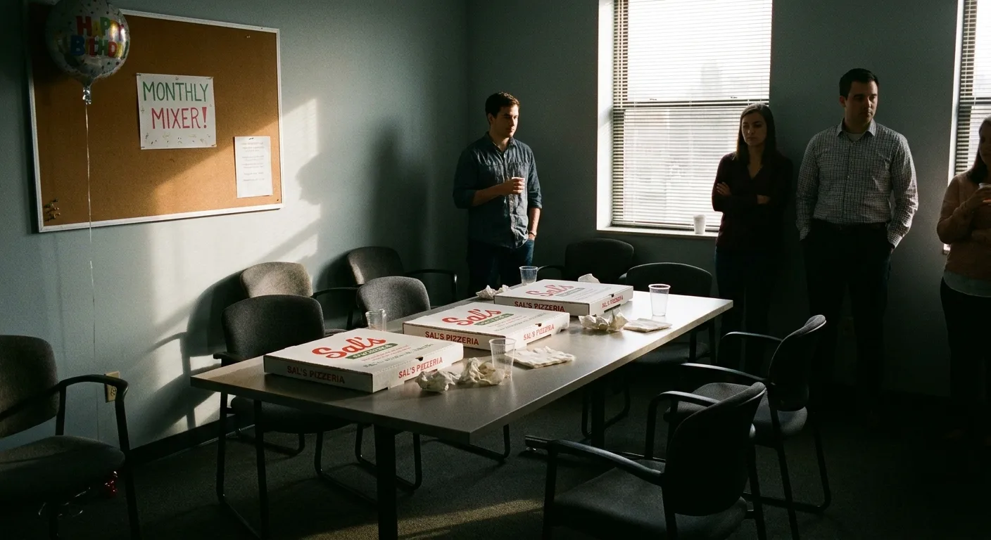 Office breakroom after a poorly attended pizza Friday