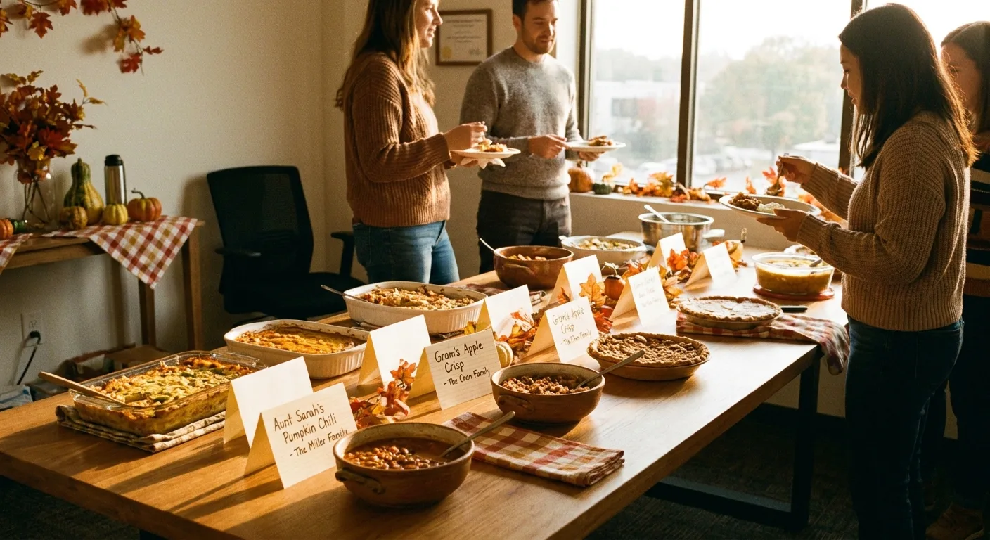 Potluck table of homemade dishes in an office kitchen