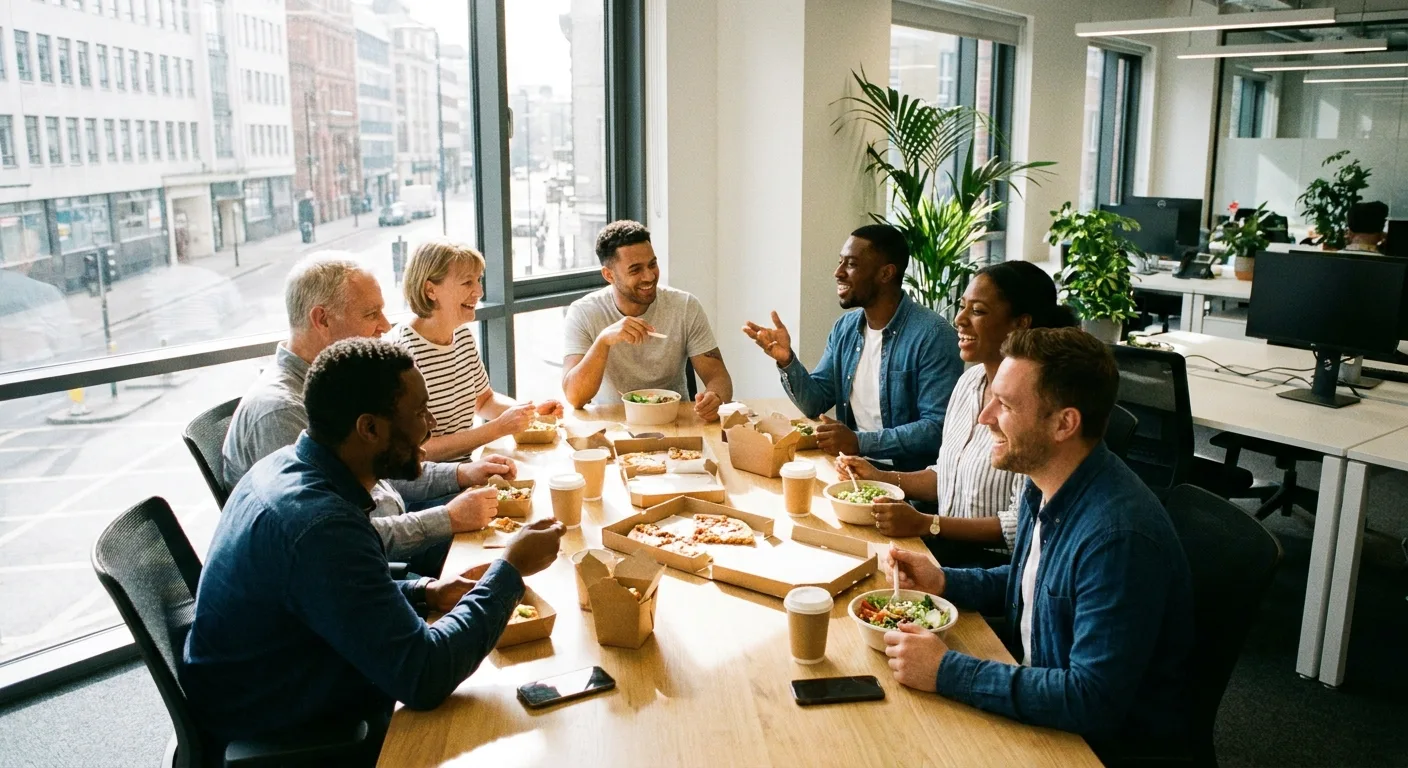 Team eating takeaway lunch around a shared desk