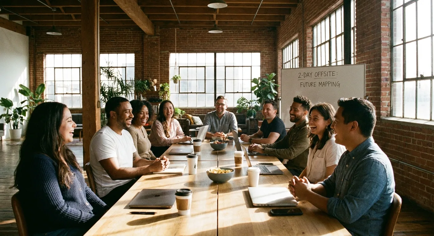Remote team seated together at a long table during an annual offsite