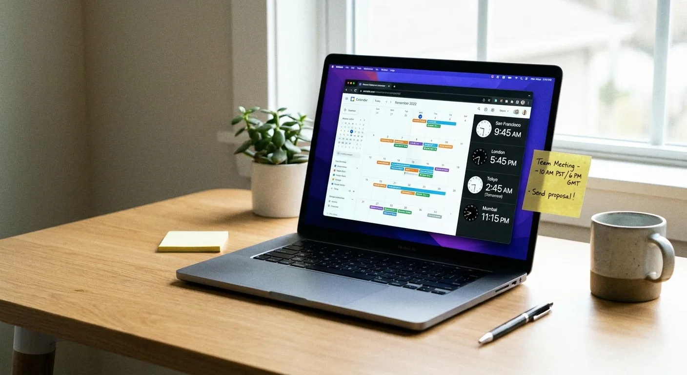 Shared team calendar showing meetings across three time zones