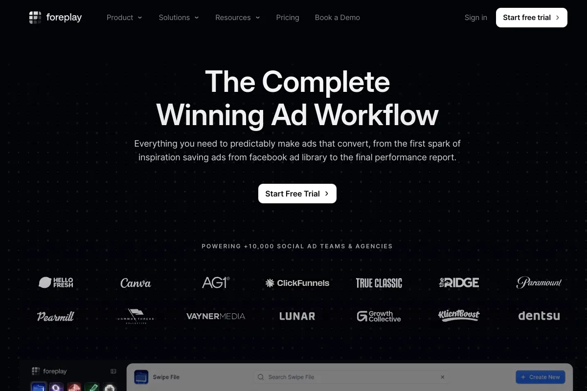 Foreplay swipe file and creative brief dashboard