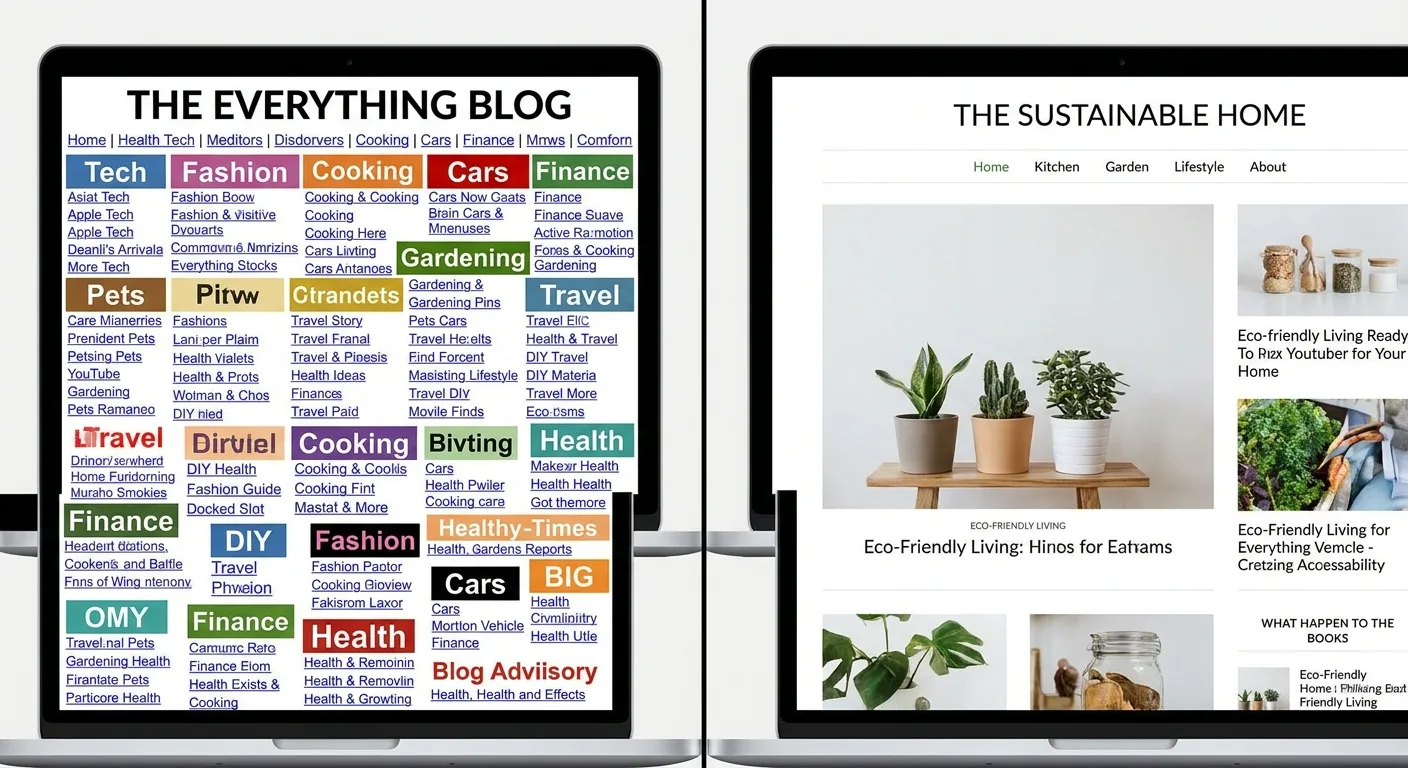 Split-screen comparison showing cluttered versus focused blog homepages