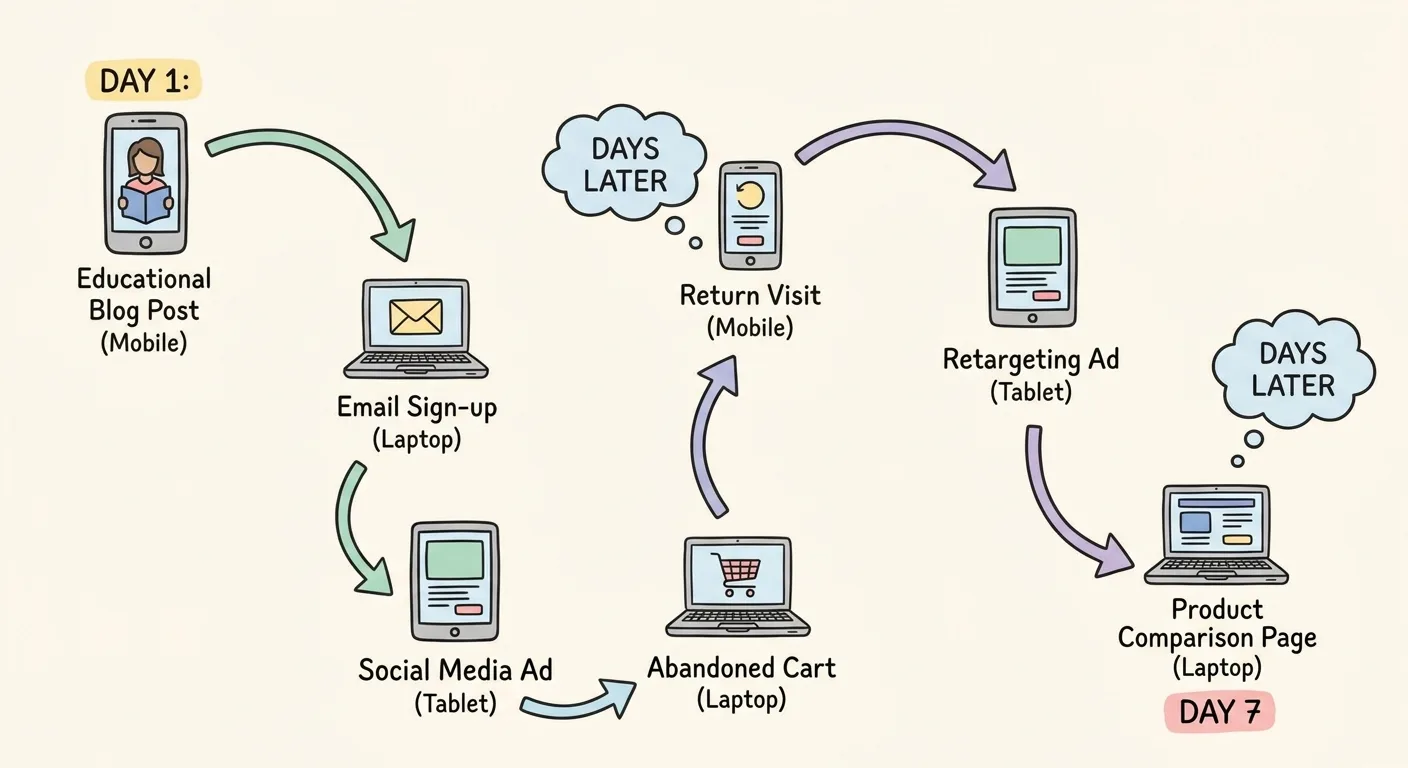 Flowchart showing customer journey with multiple touchpoints across blog sessions