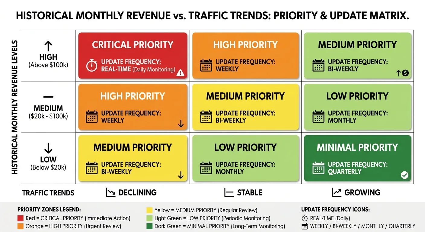 Matrix infographic showing refresh priority based on revenue and traffic