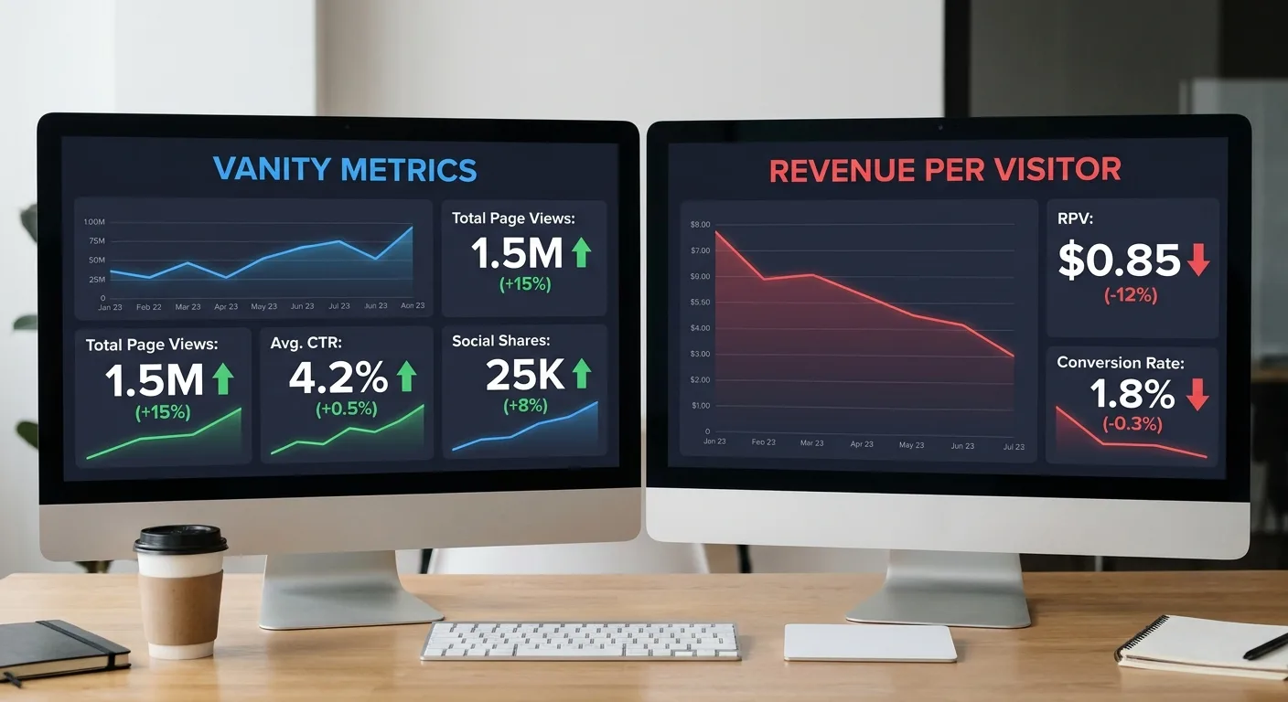 Dashboard mockup showing contrasting metric views of CTR versus revenue