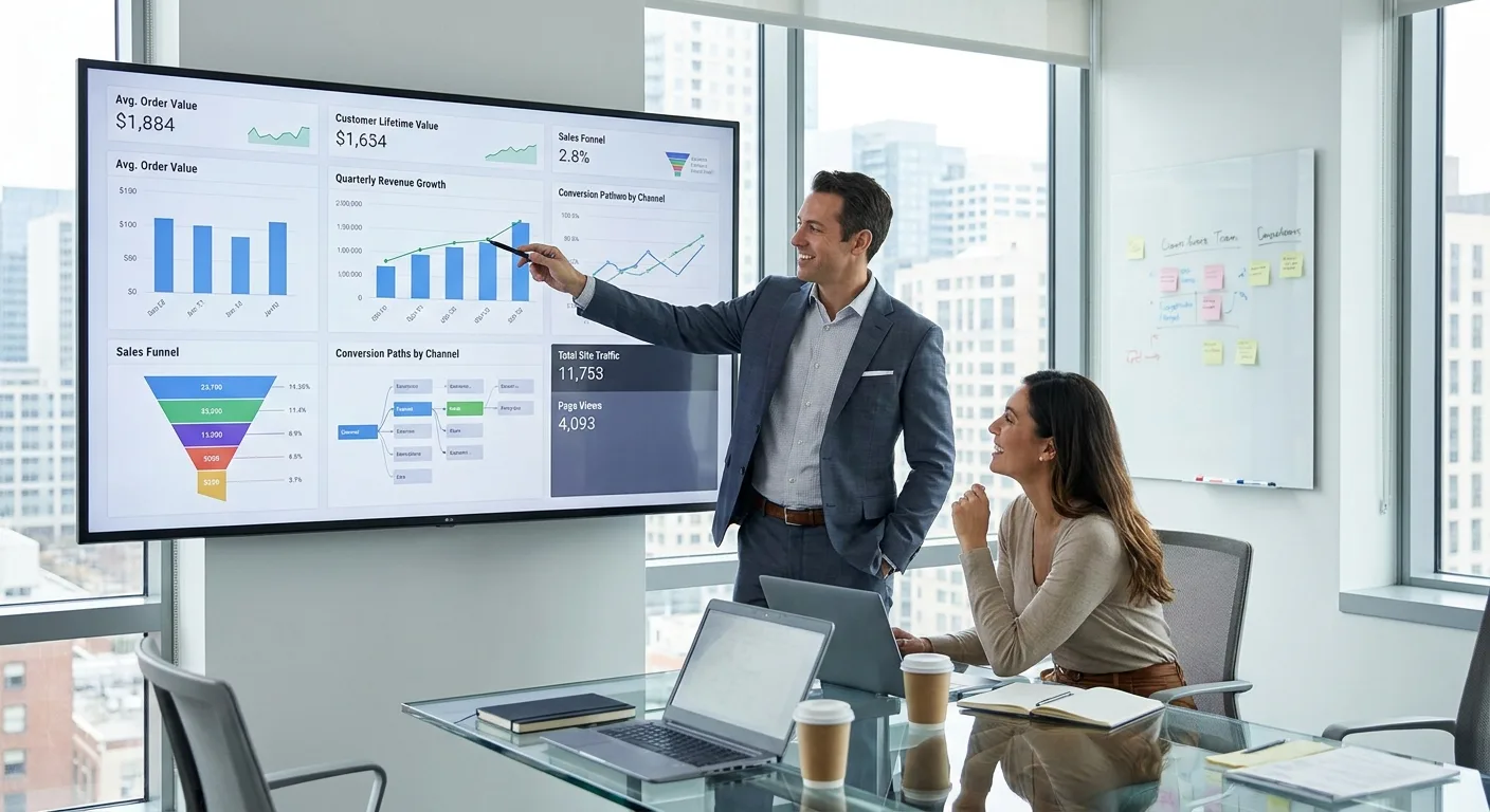 Professional consultant reviewing analytics data on large monitor with client