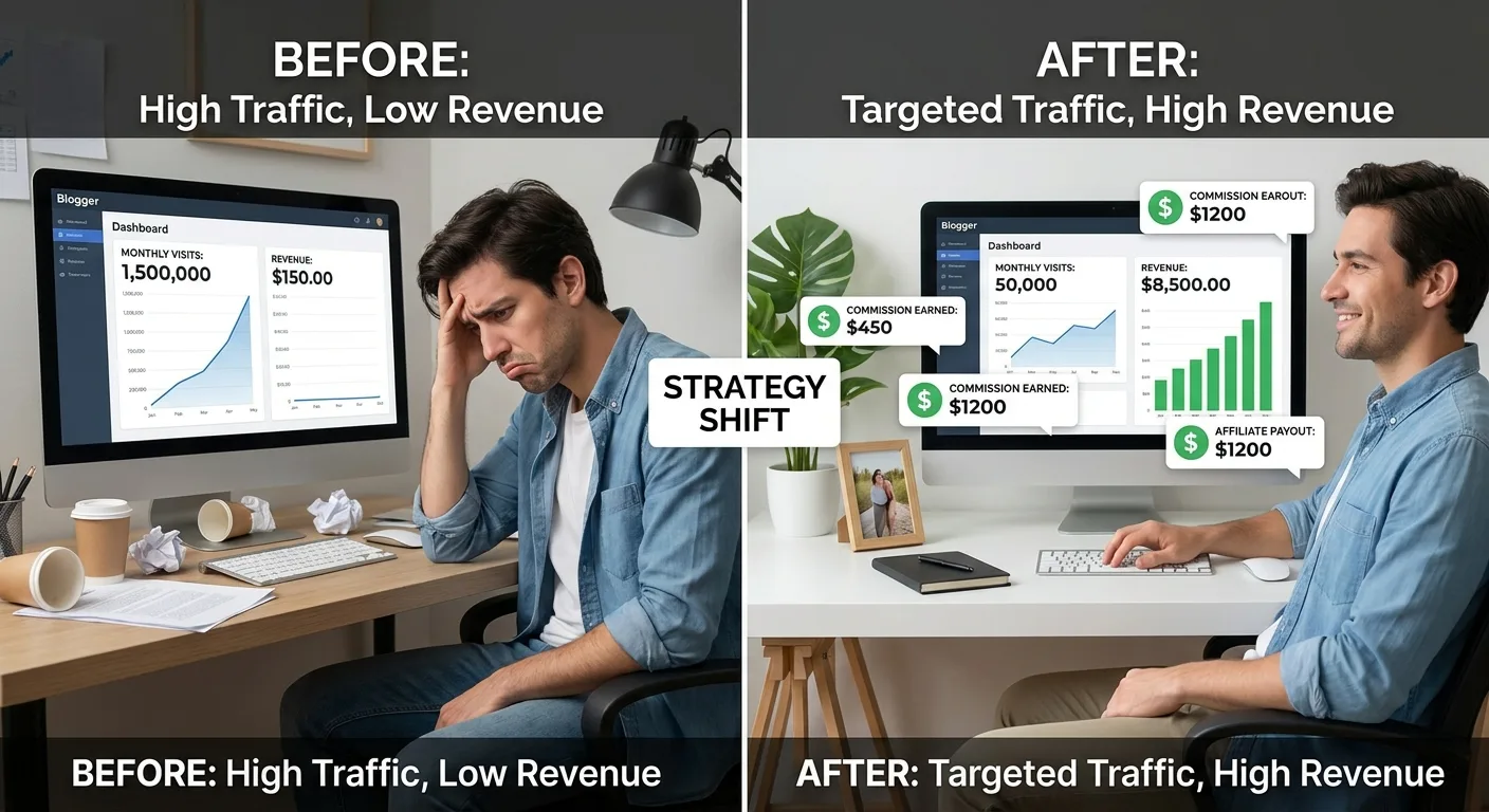 Before-and-after comparison showing blogger workspace with analytics improvement