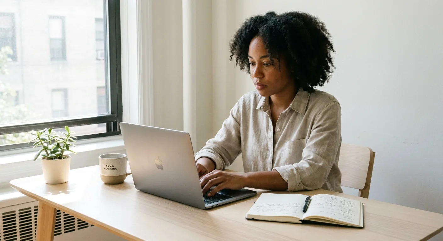 Modern professional blogger typing at a minimalist desk with laptop, coffee cup