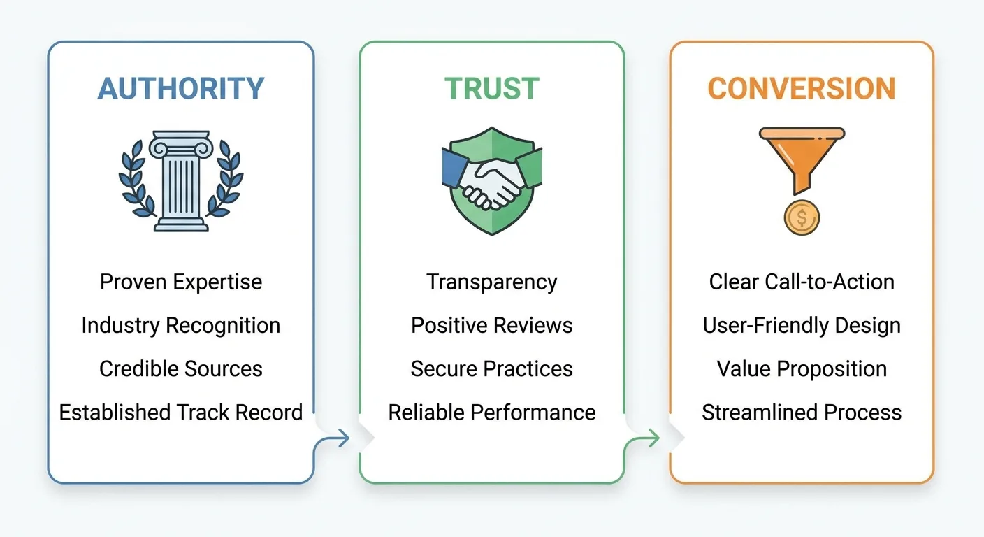 Clean infographic showing three vertical columns labeled Authority, Trust, and Conversion
