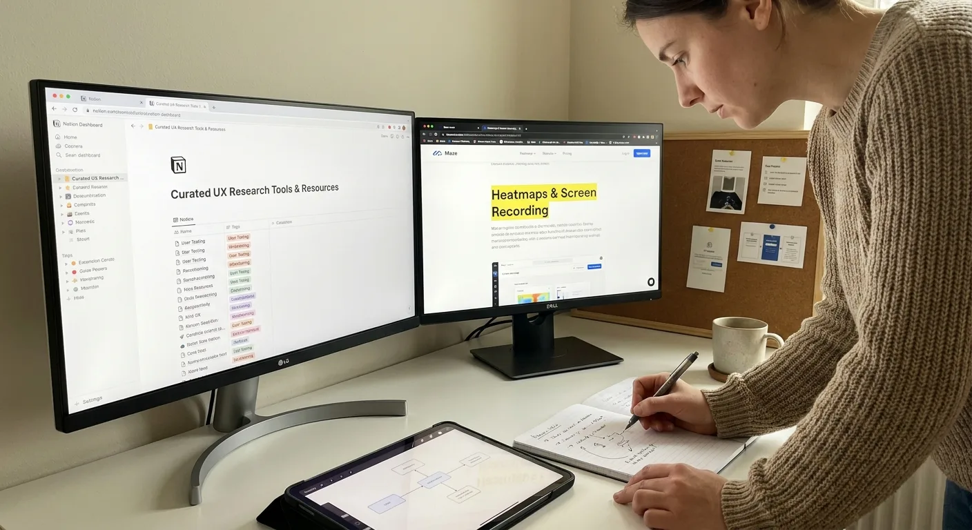 Person reviewing a curated collection of tools and resources with organized notes
