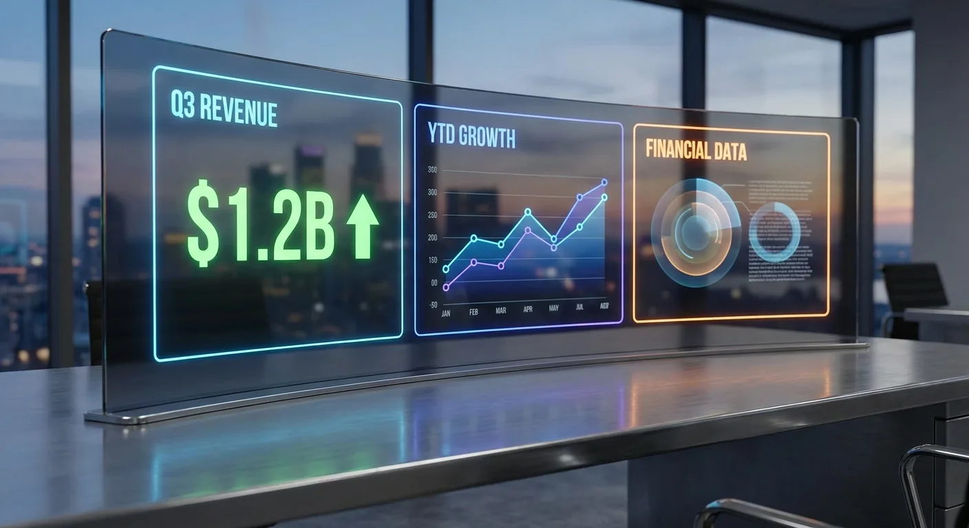 Digital dashboard display showing revenue metrics, growth charts, and transparent financial data