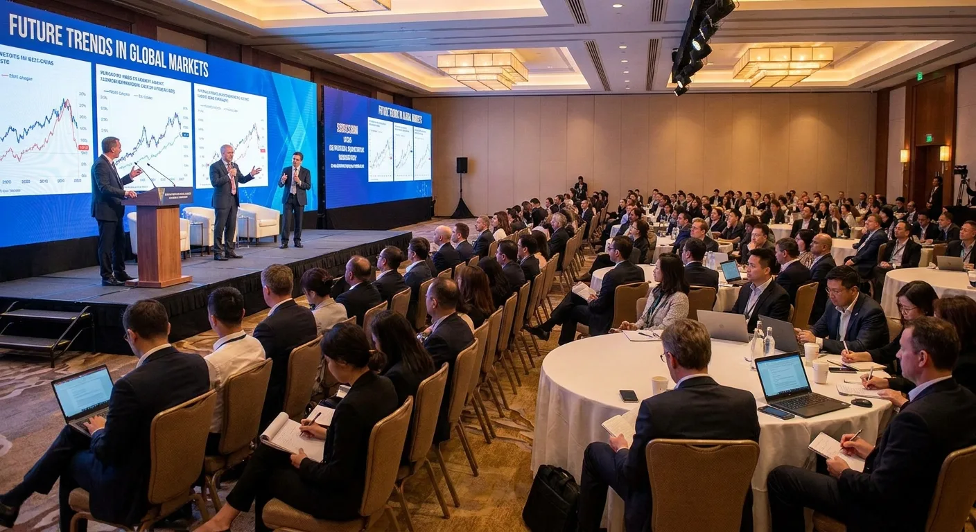 Professional conference setting with speakers presenting to engaged audience, screens showing presentation