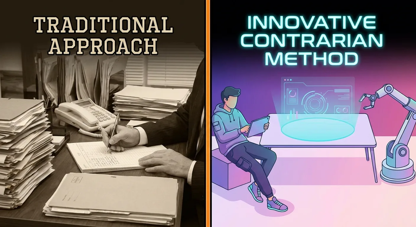 Split-screen comparison showing traditional approach on left versus innovative contrarian method on
