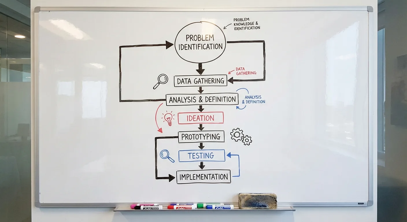 Visual framework diagram showing problem identification flowing through solution stages with connected