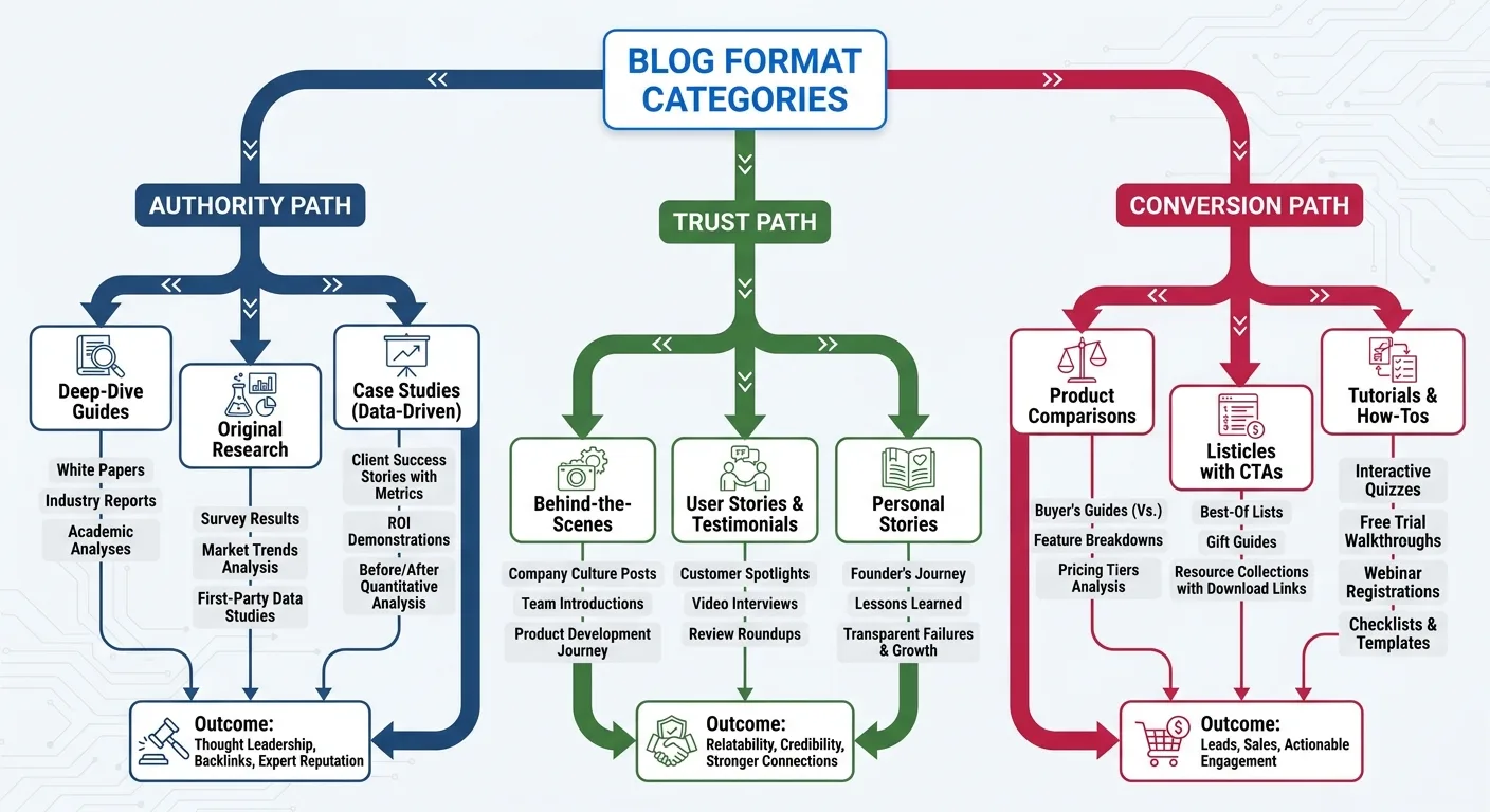 Comprehensive infographic displaying blog format categories with branching structure showing Authority, Trust