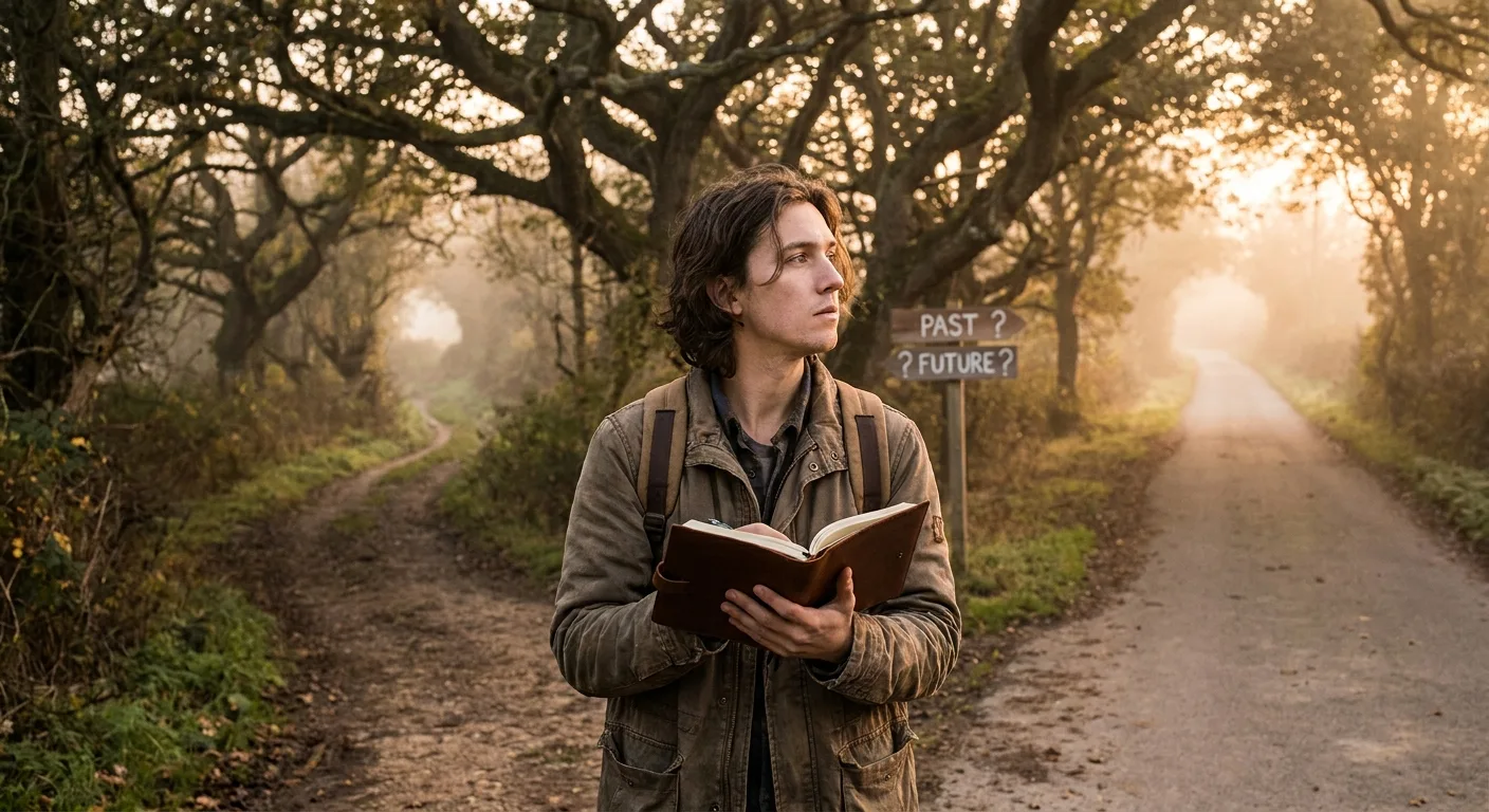 A person standing at a crossroads in a softly lit environment
