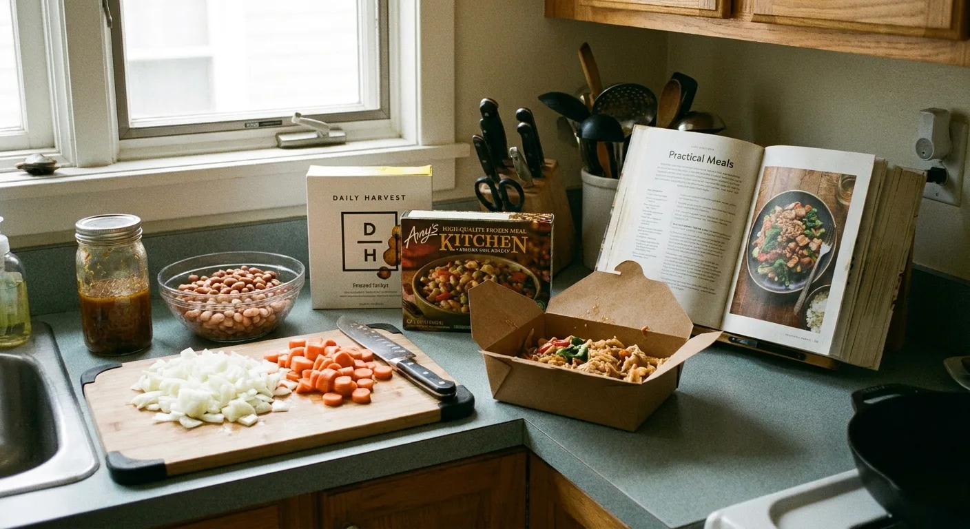 Kitchen counter with simple ingredients and frozen items