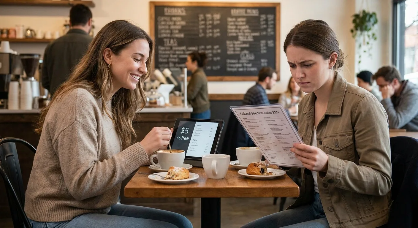 Two friends at a cafe table with different menus