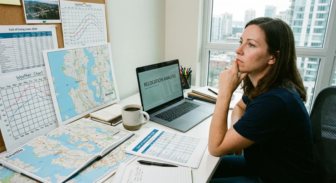 Remote worker with laptop and location planning materials