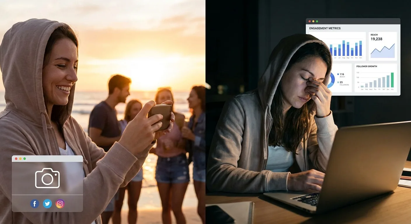 Split-screen showing person capturing emotional moment versus reality