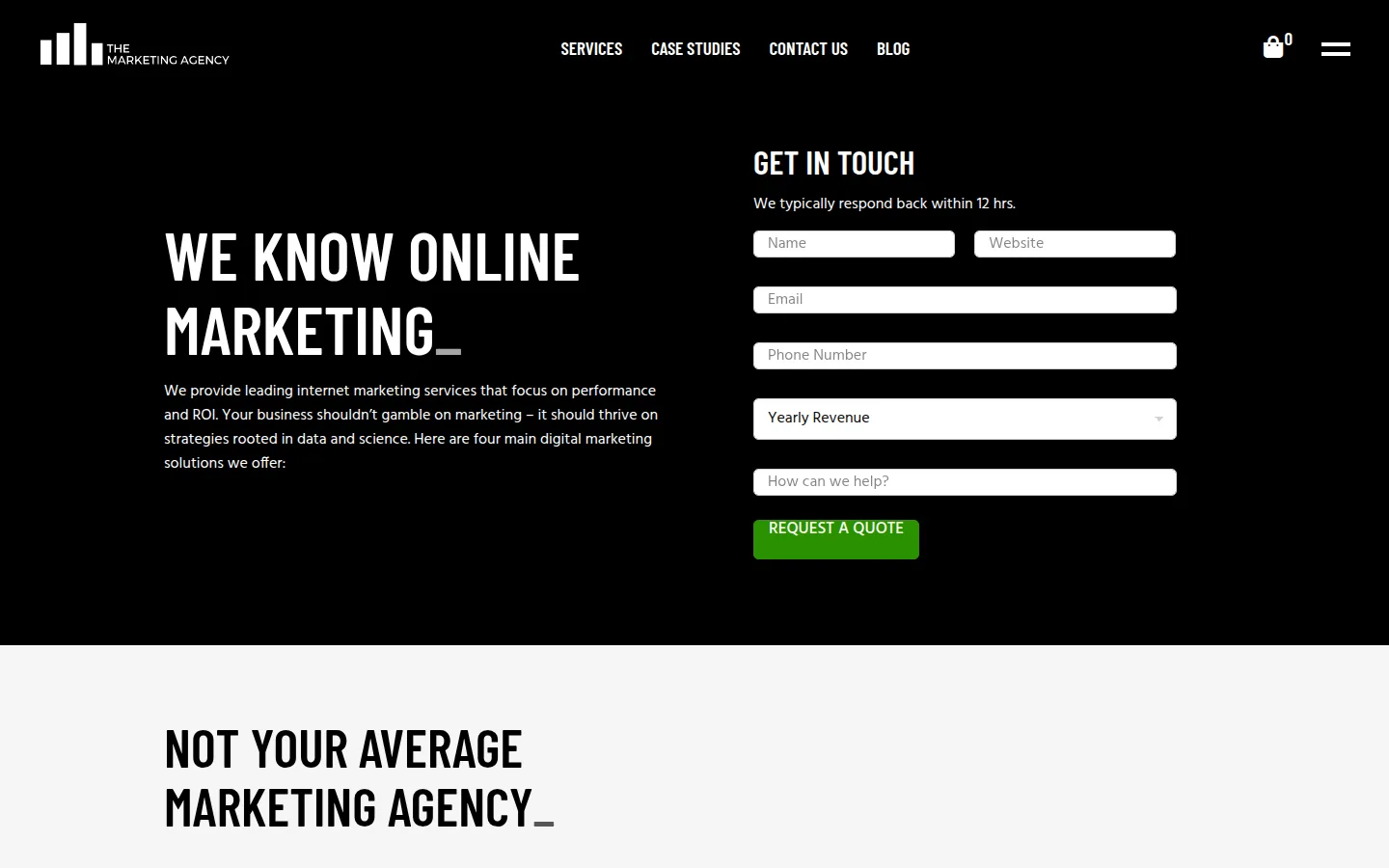The Marketing Agency homepage highlighting performance and ROI-focused marketing