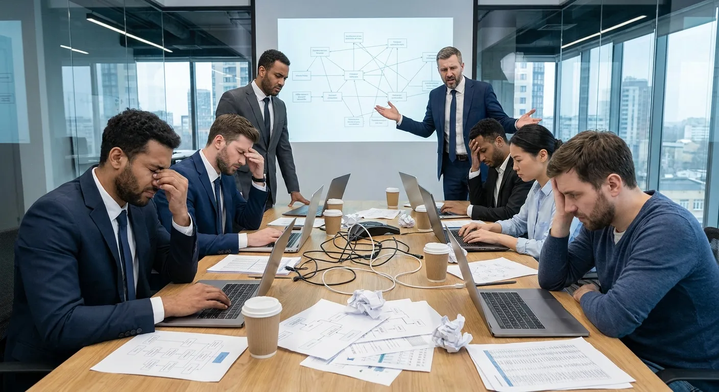 Business professionals and developers meeting around conference table with laptops