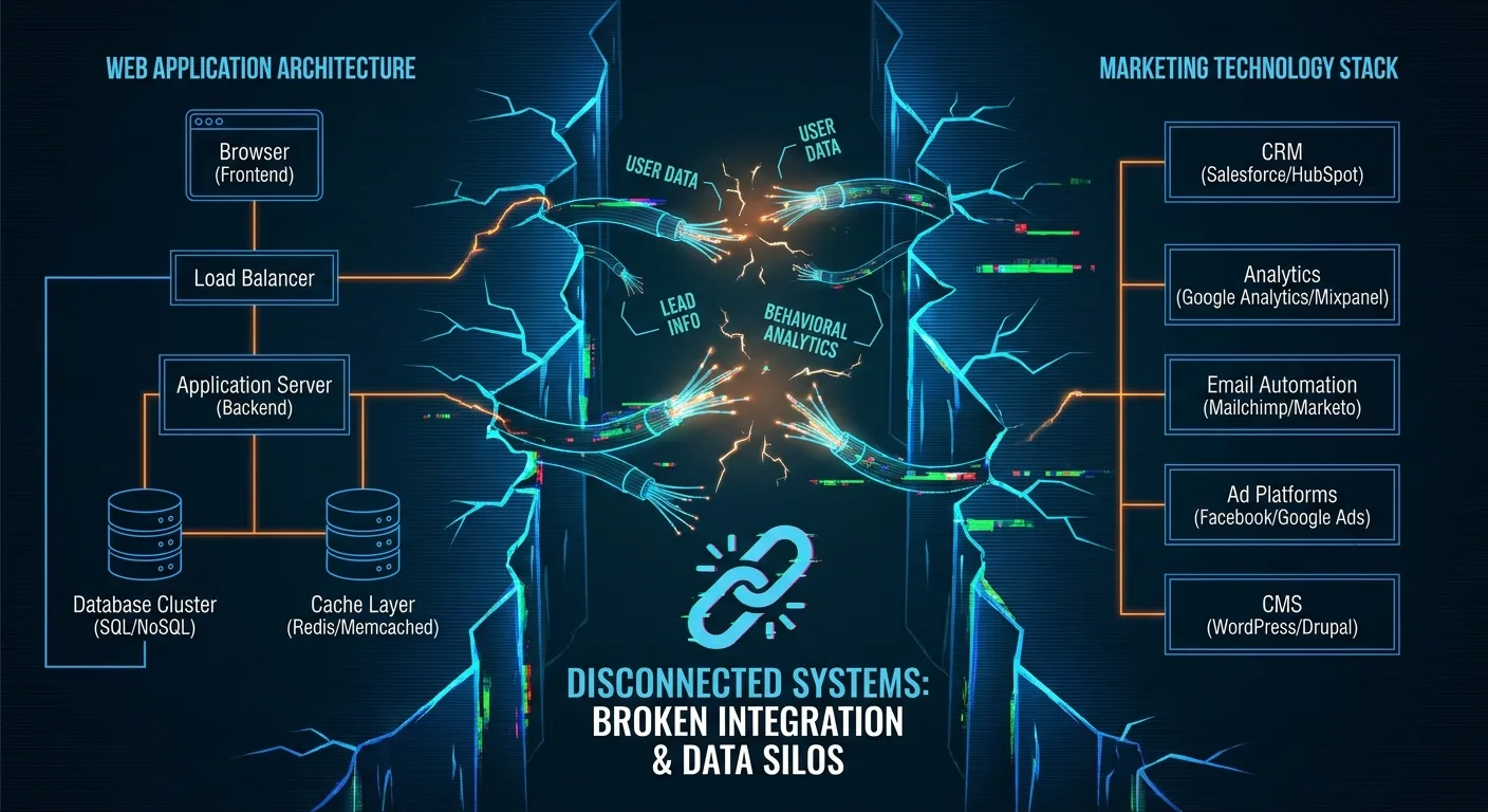 Disconnected systems infographic showing web application and marketing tools