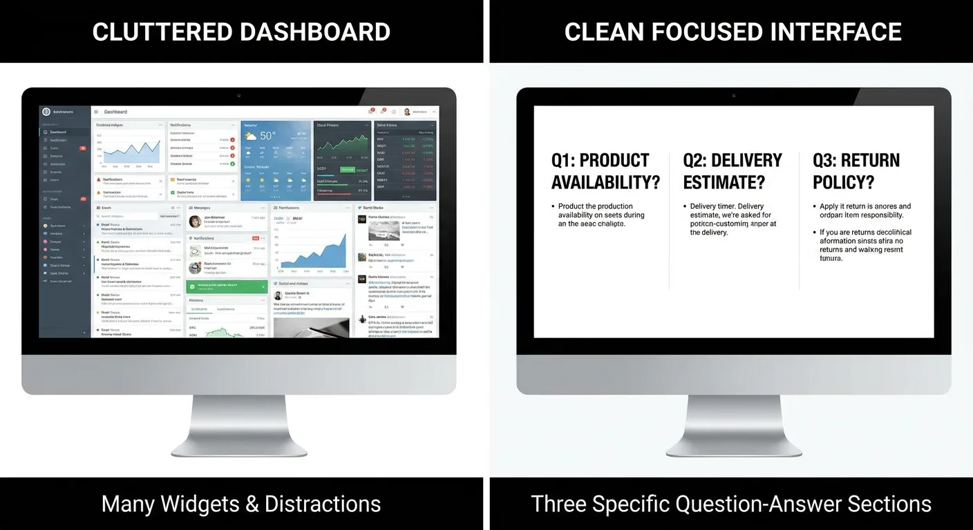 Side-by-side comparison of cluttered dashboard versus clean focused interface