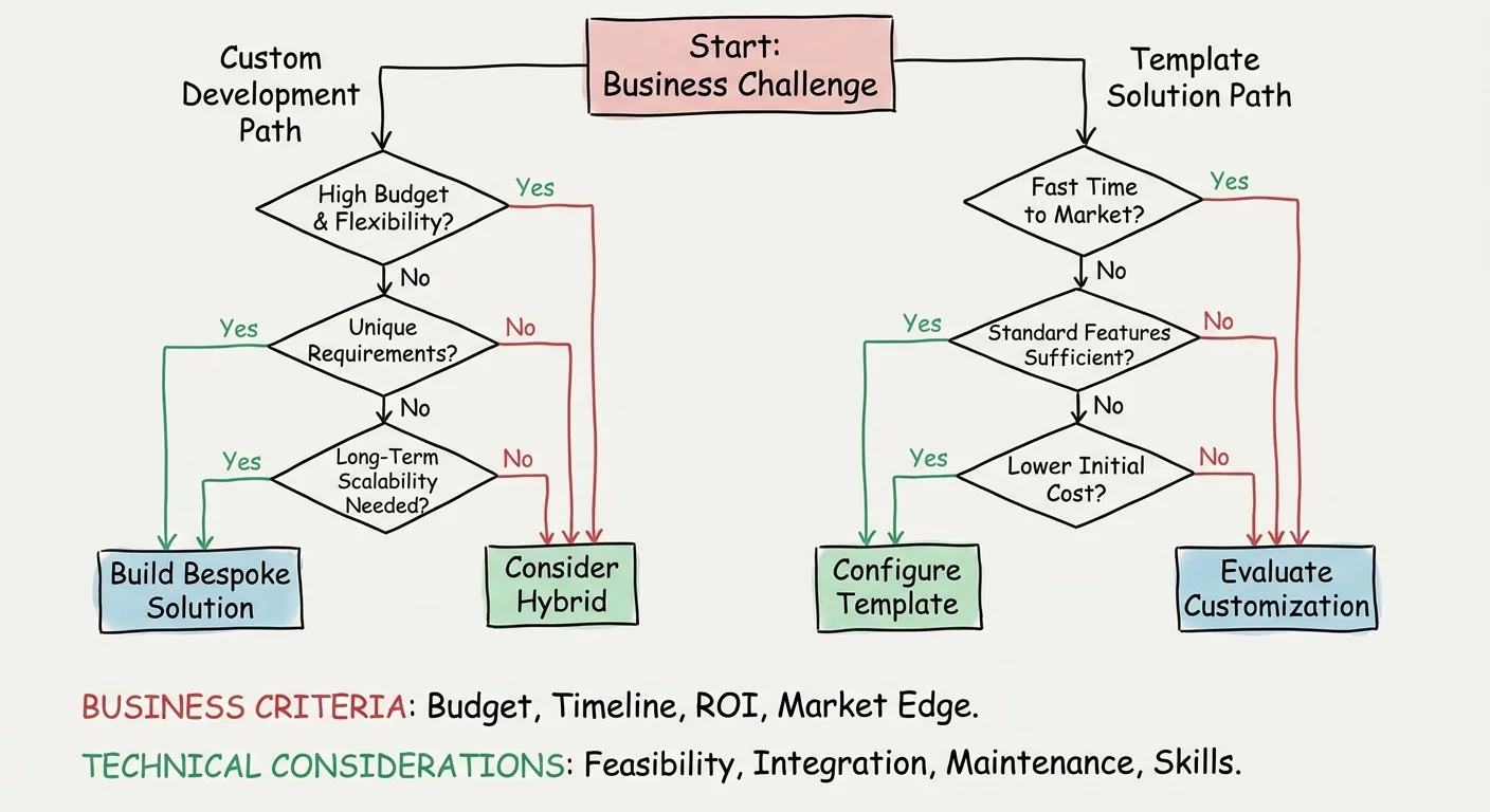 Decision tree flowchart showing custom development versus template solution paths