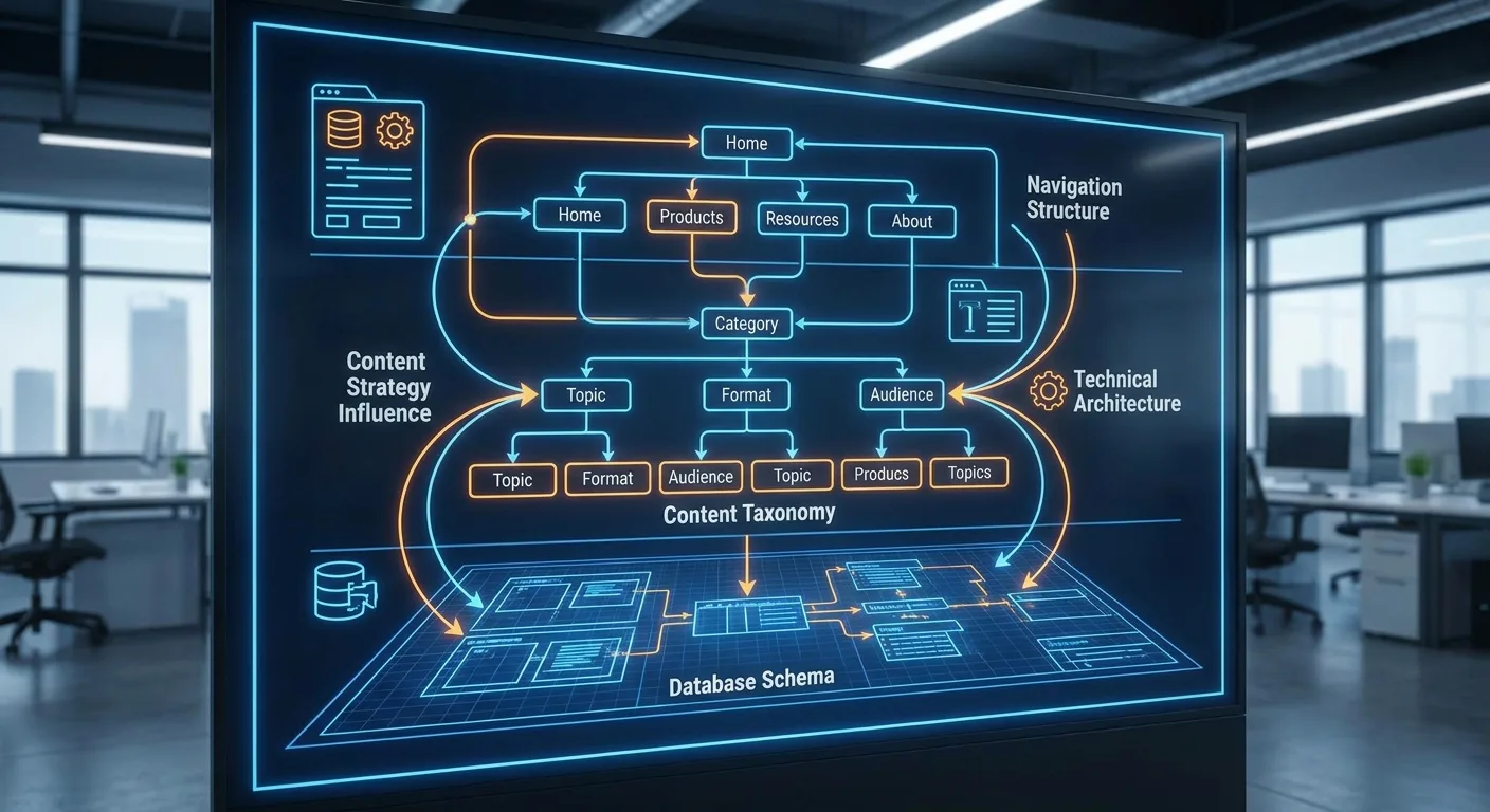 Database schema diagram overlaid with content taxonomy and navigation structure