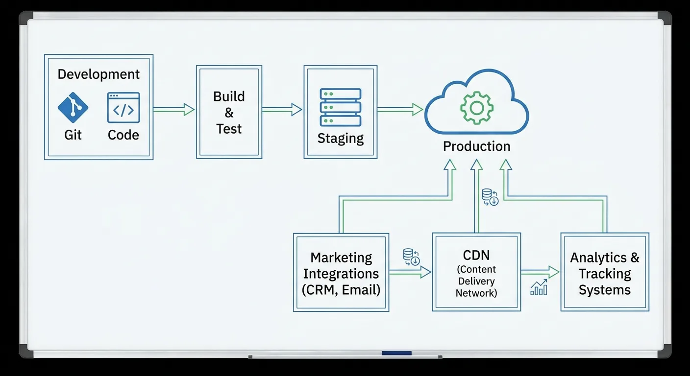 Infrastructure diagram showing deployment pipeline with marketing integrations and monitoring