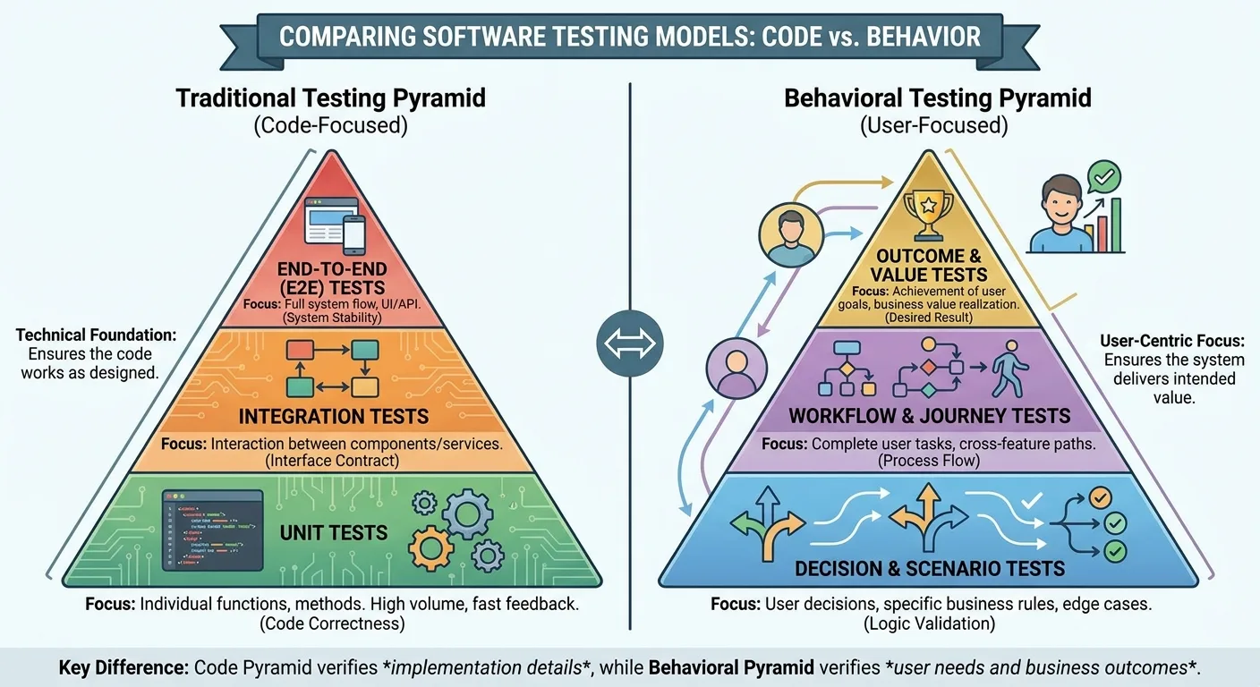 Infographic comparing traditional testing pyramid versus behavioral testing approach