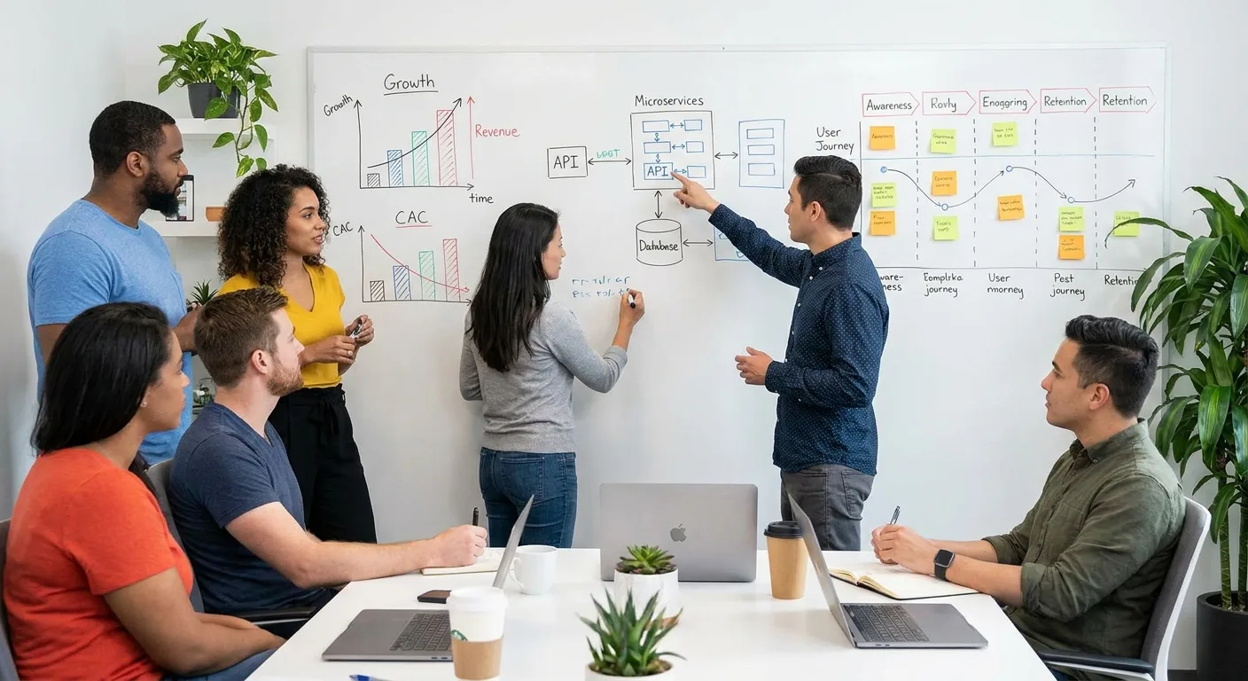 Team collaboration with developers and marketing professionals at whiteboard