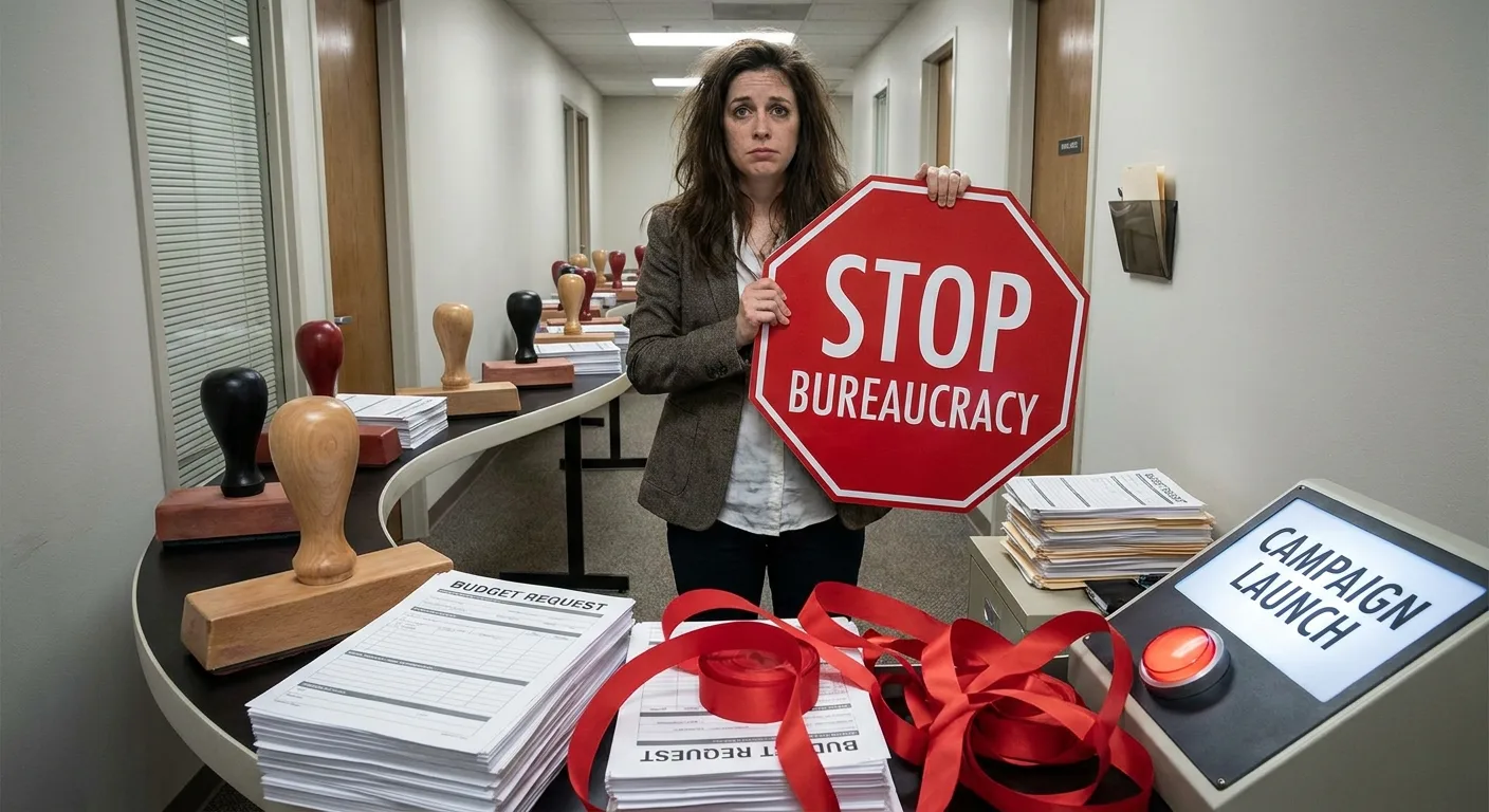 Marketing professional holding stop sign before budget approval maze