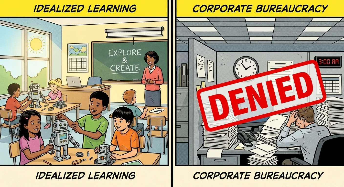 Split-screen showing idealized classroom versus chaotic real office environment