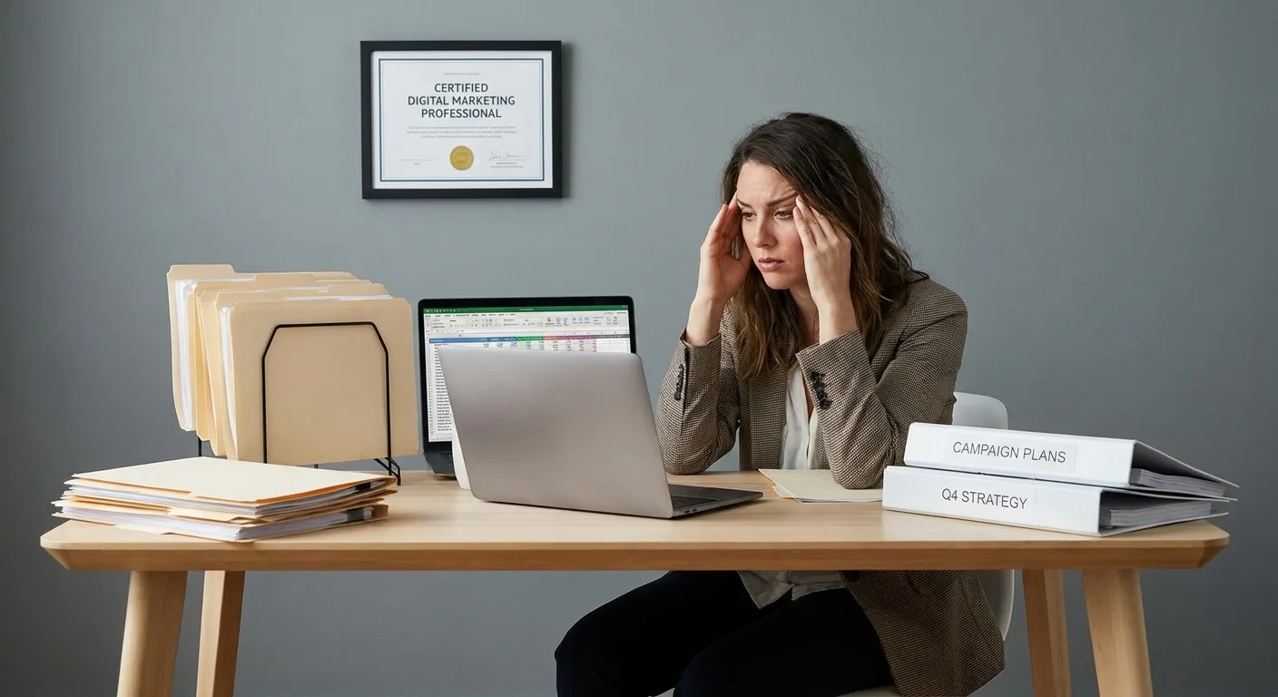 Frustrated marketing professional with framed certification at desk