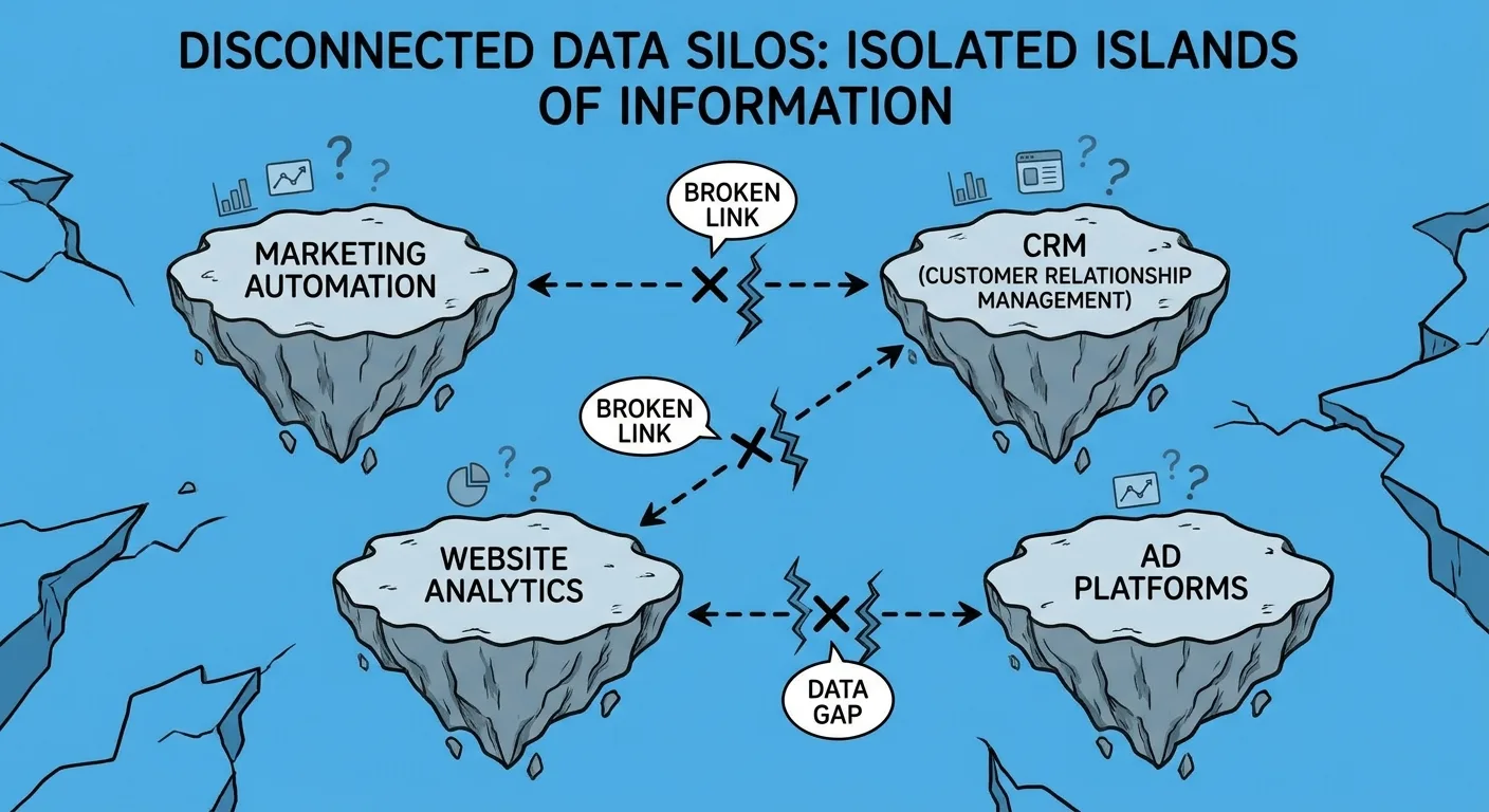 Flowchart showing disconnected data silos with broken links