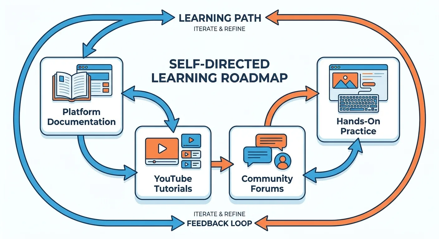 Self-directed learning roadmap infographic with resource types