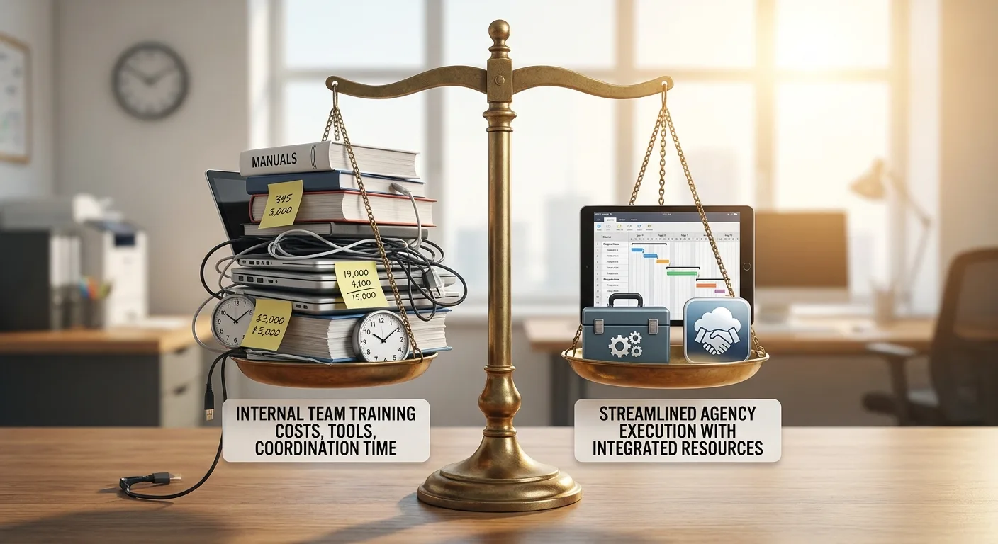 Balanced scale showing internal costs versus external capability