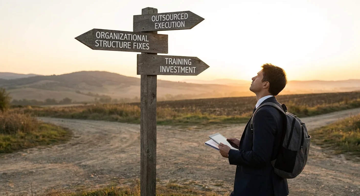 Professional at crossroads with organizational structure signposts