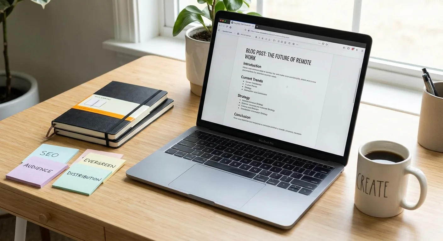 A clean workspace showing a laptop with a blog post outline