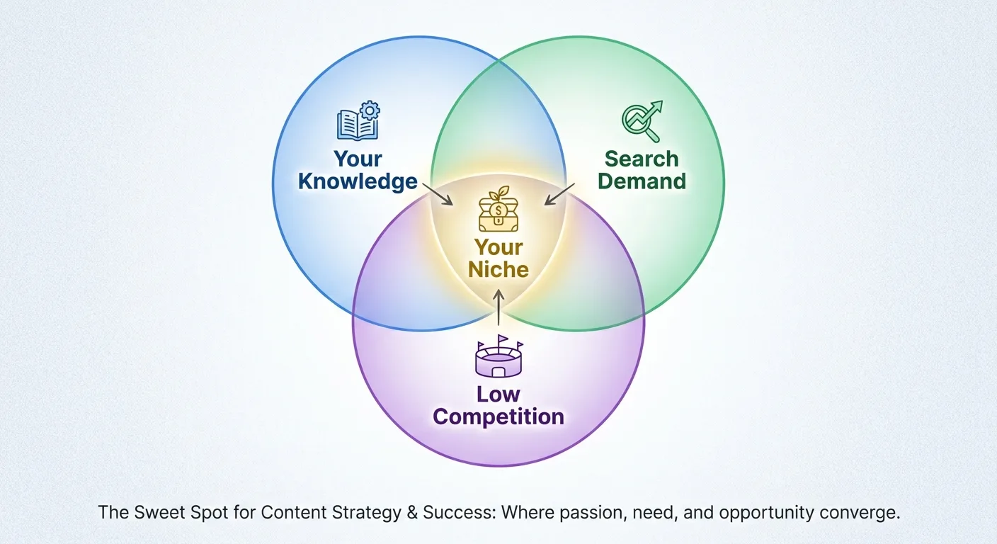Venn diagram showing three overlapping circles labeled 'Your Knowledge,' 'Search Demand,' and 'Weak Competition'