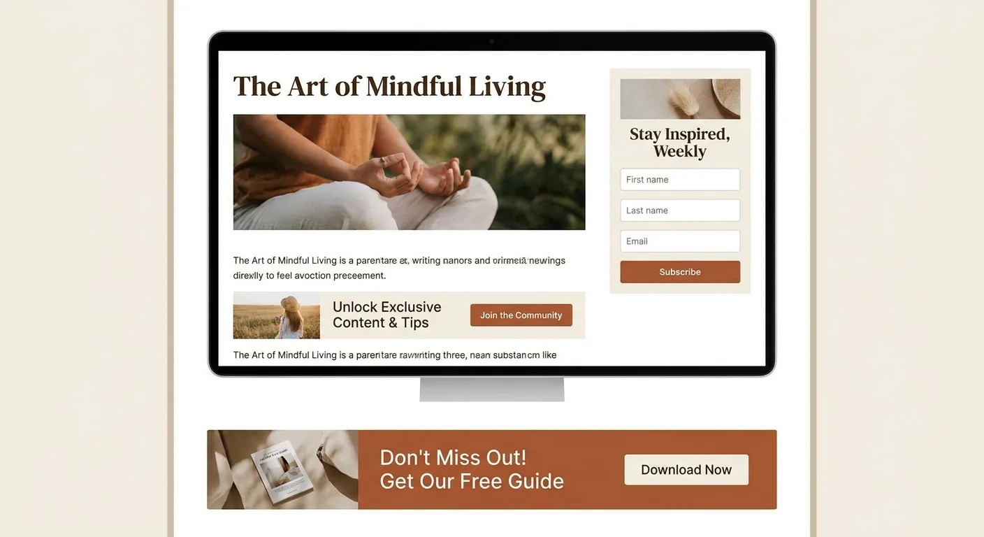 Mockup of a blog post layout showing multiple subscription form placements