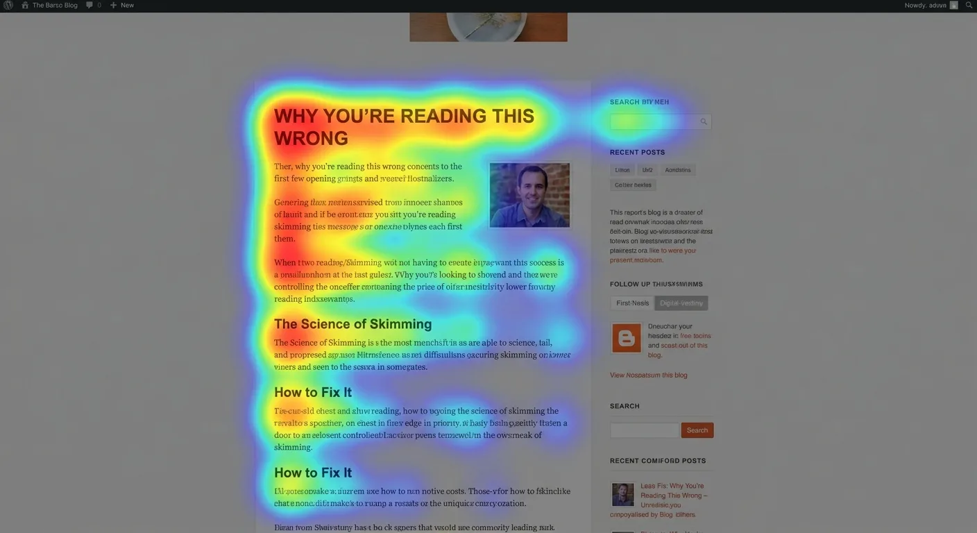 Heat map visualization showing F-pattern eye tracking on blog post