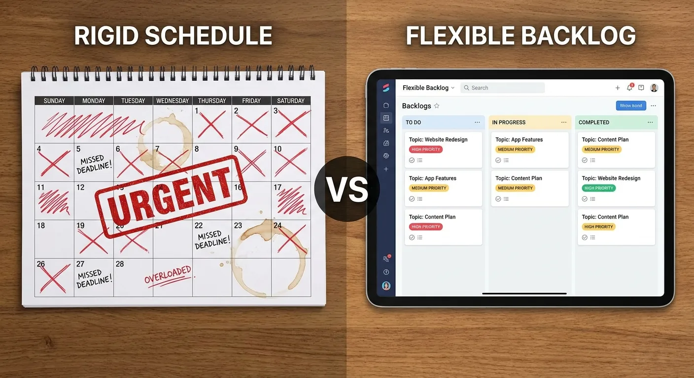 Side-by-side comparison showing rigid calendar versus flexible backlog
