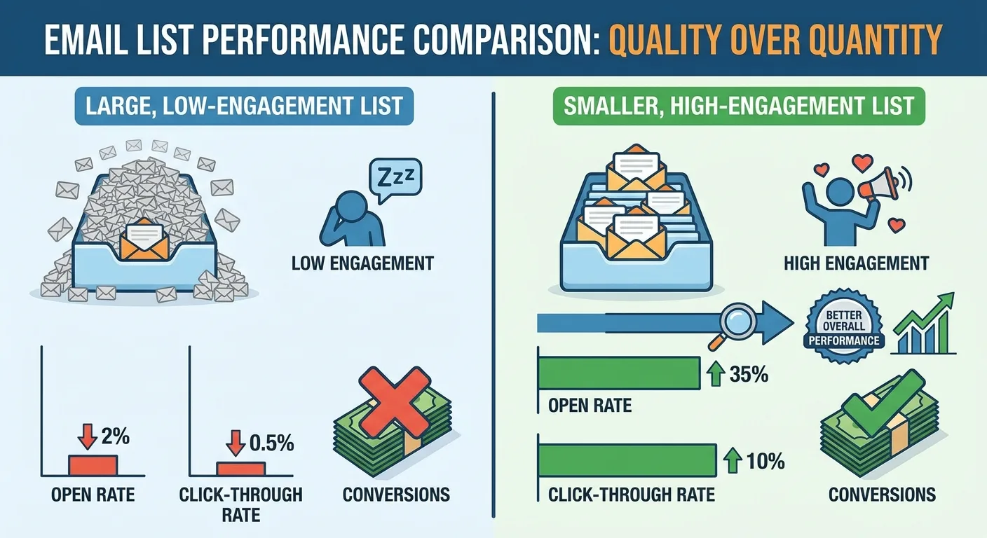 Infographic comparing two email lists showing engagement metrics